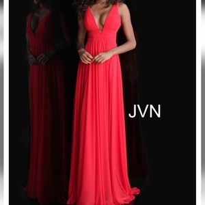 NWOT JVN Jovani Red Deep V Neck Maxi Mesh Sleeveless Prom Dress